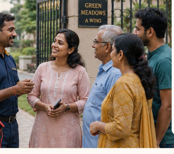 A verified local electrician talking with residents at a colony gate