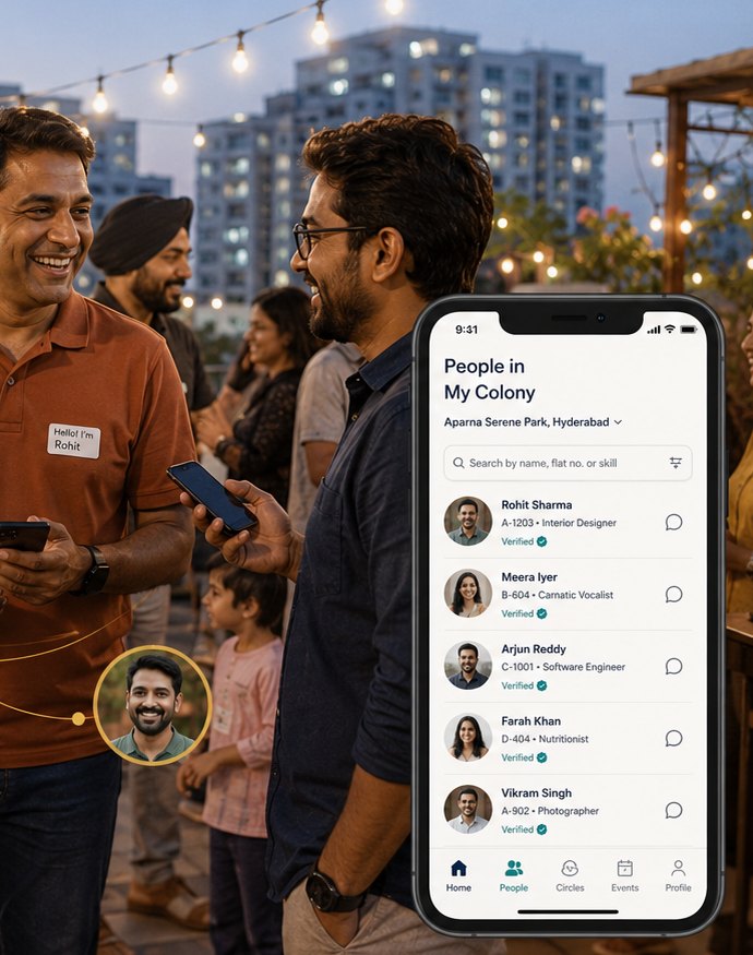Neighbours talking at a rooftop gathering, with the ZingBuddies app open on a phone