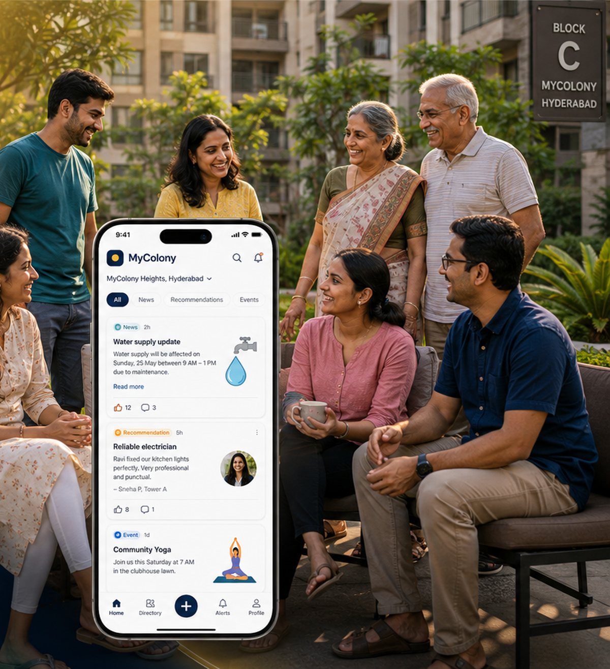 Neighbours talking in a ZingBuddies community courtyard, with the app open on a phone